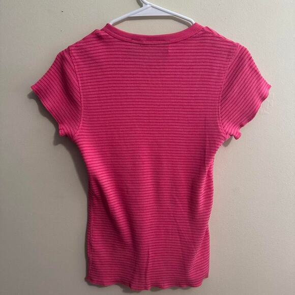 hot pink ribbed baby tee large y2k fitted stretchy top - Picture 4 of 6